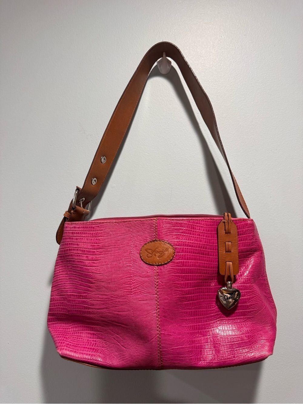 Sharif Stylish Pink Croc Embossed Shoulder Bag with Brown Leather Straps